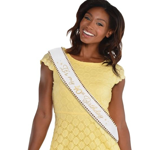 40th Birthday Sash Gold & White 30" Fabric Sash With Gold Sequin Embellishments - Picture 1 of 6